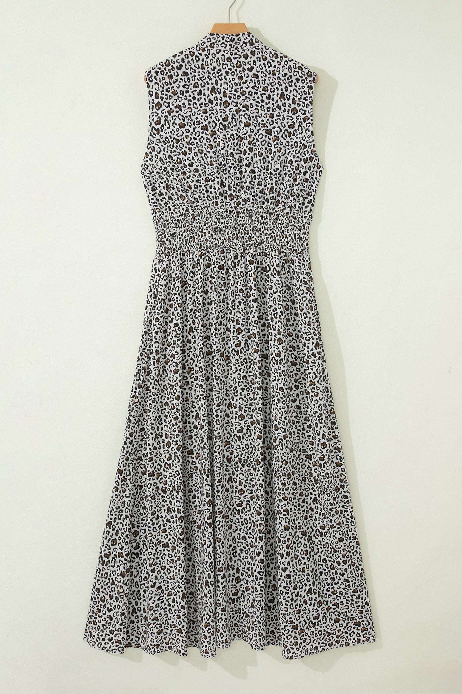 Beige Leopard Zip Front V Neck Cinched Waist Sleeveless Maxi Dress