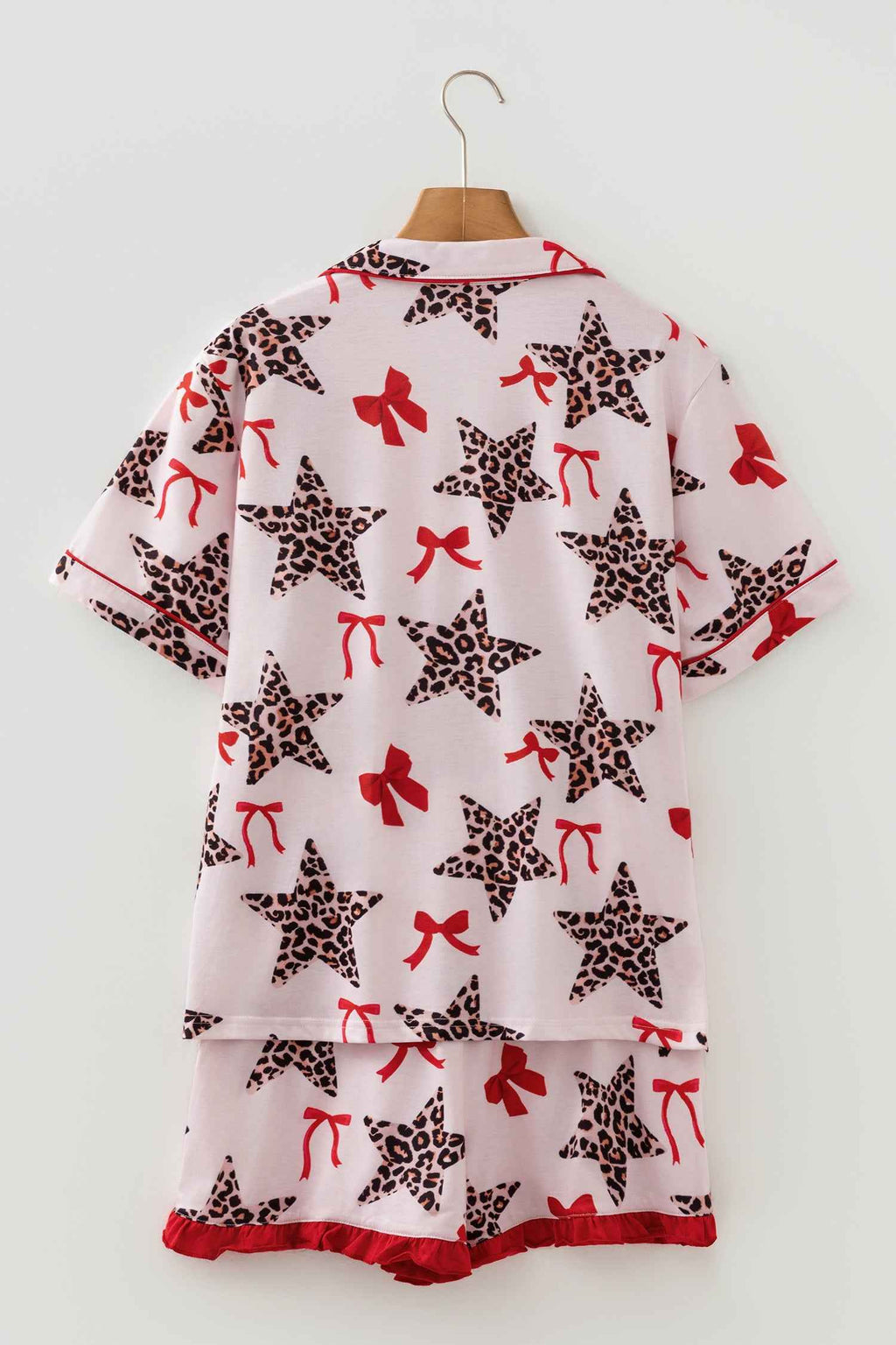 White Leopard Star Ribbon Bow Print Contrast Trim Short Pajama Set