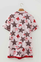 White Leopard Star Ribbon Bow Print Contrast Trim Short Pajama Set