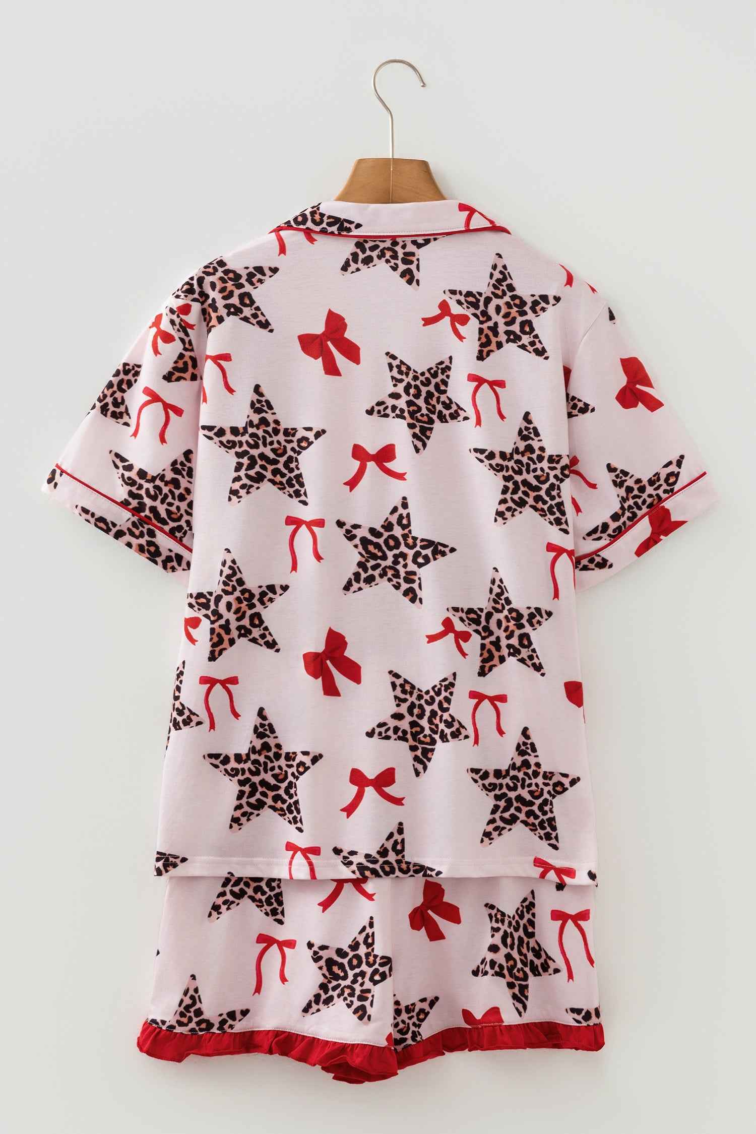 White Leopard Star Ribbon Bow Print Contrast Trim Short Pajama Set