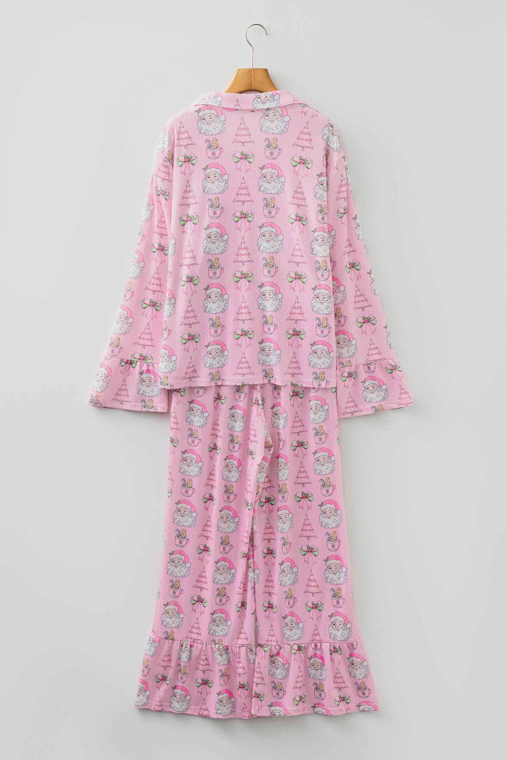 Pink Christmas Print Ruffled Ribbed Shirt & Pants 2 Piece PJ Set