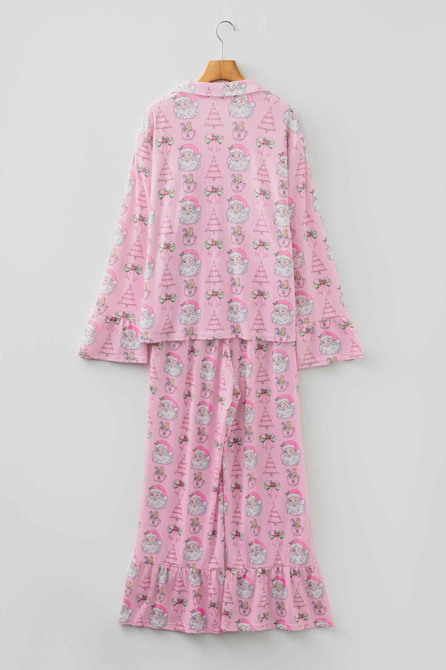 Pink Christmas Print Ruffled Ribbed Shirt & Pants 2 Piece PJ Set