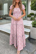 Purple Floral Short Bubble Sleeve Shirred High Waist Maxi Dress