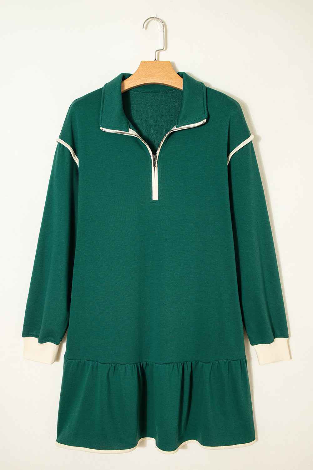 Evergreen Contrast Trim Zip Collar Long Sleeve Ruffle Hem Mini Dress