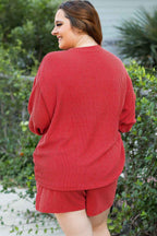 Racing Red MERRY Ribbed Knit Long Sleeve Lace-up Waist Plus Size Set