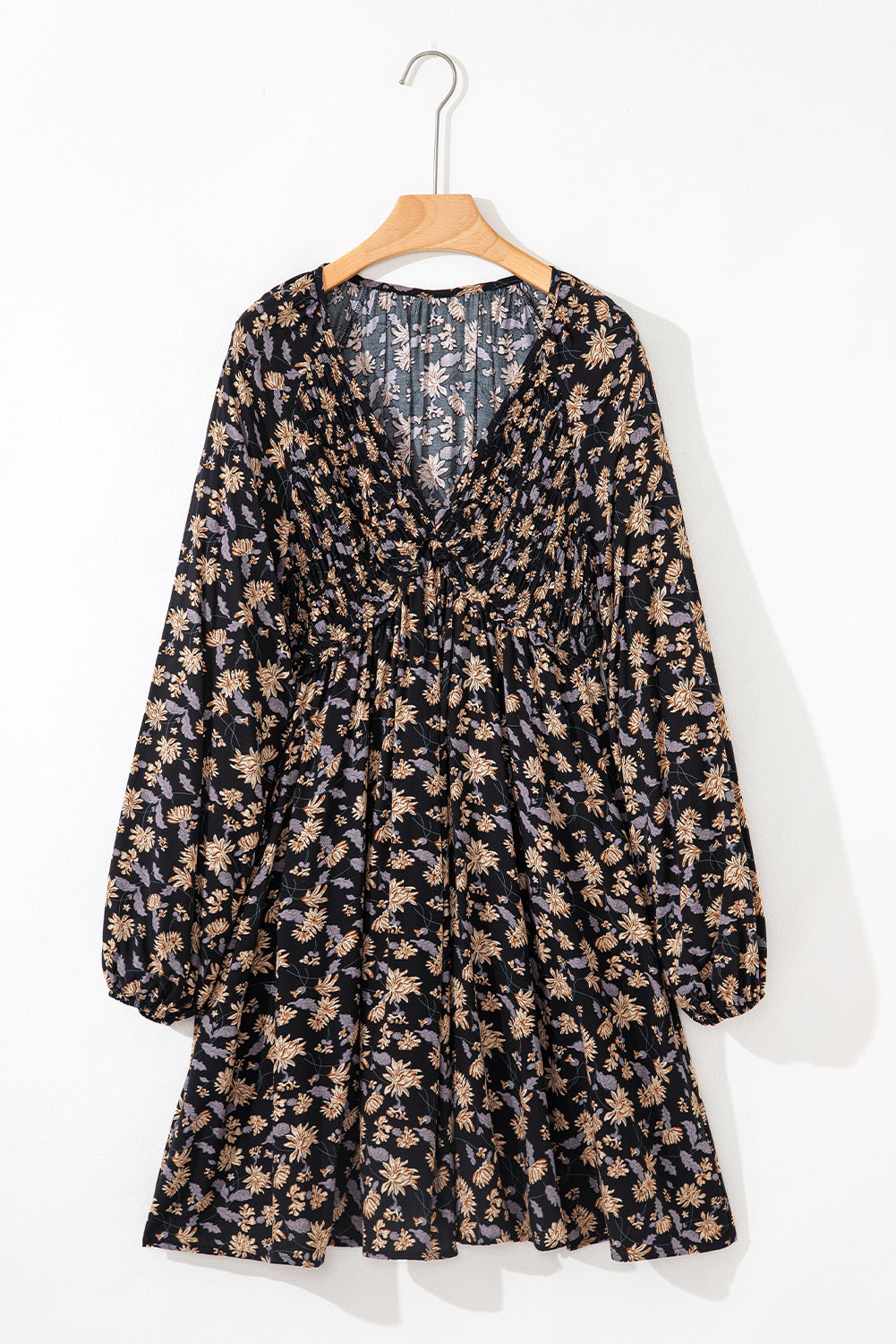 Beige Floral Deep V Neck Smocked Bust Bubble Sleeve Babydoll Dress