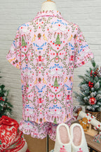 Pink Nutcracker Doll Christmas Print Ribbon Tie Waist Short 2pcs Pajama Set