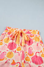Pink Short Sleeve Pumpkin Print Pocket Placket Shell Button Lounge Set - MuseLover