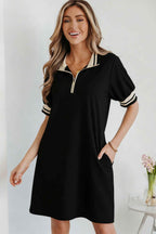Black Striped Webbing Trim Preppy Polo Tee Dress