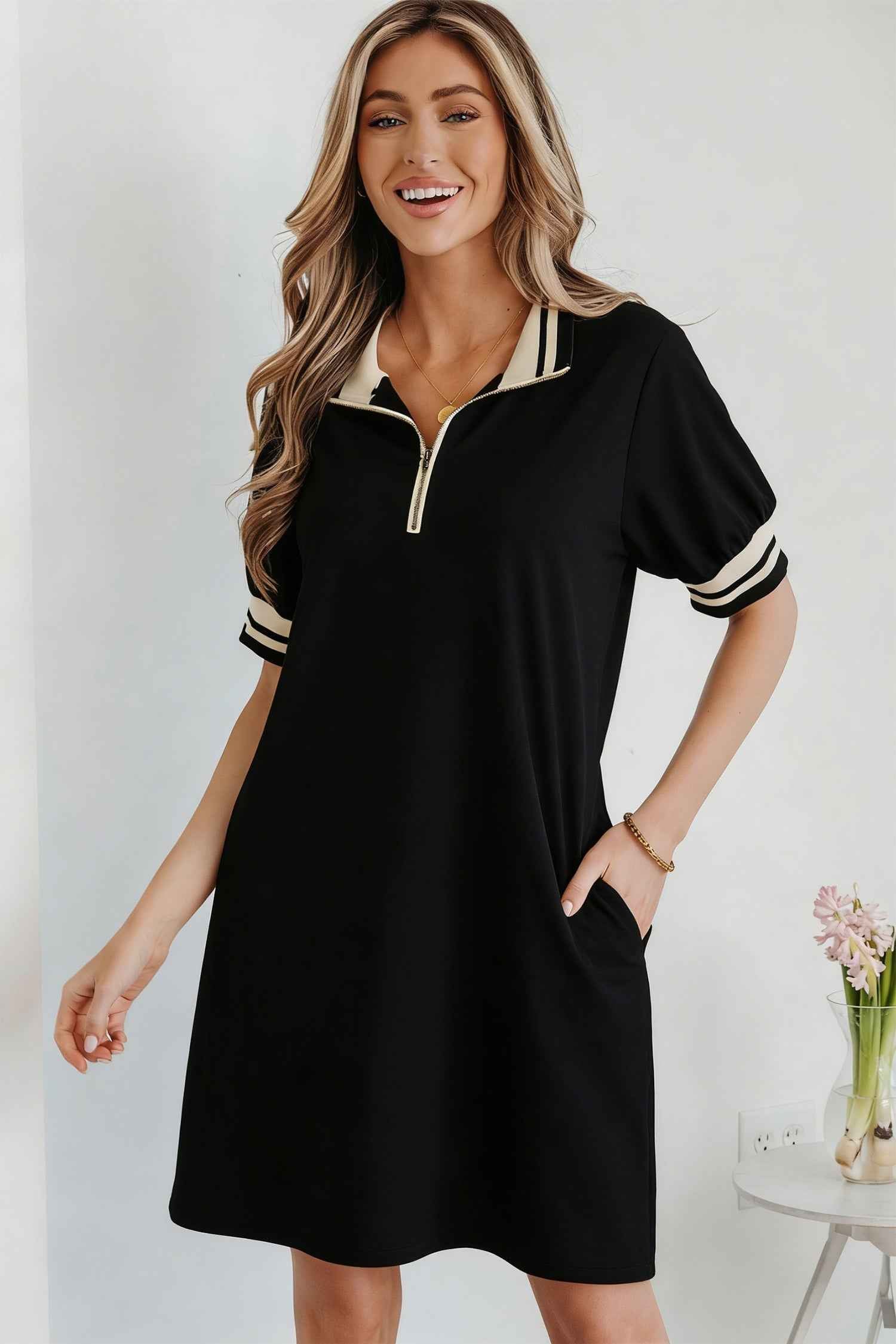 Black Striped Webbing Trim Preppy Polo Tee Dress