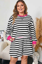 Black Stripe Color Block Edge Pullover and Shorts PLus Size Set