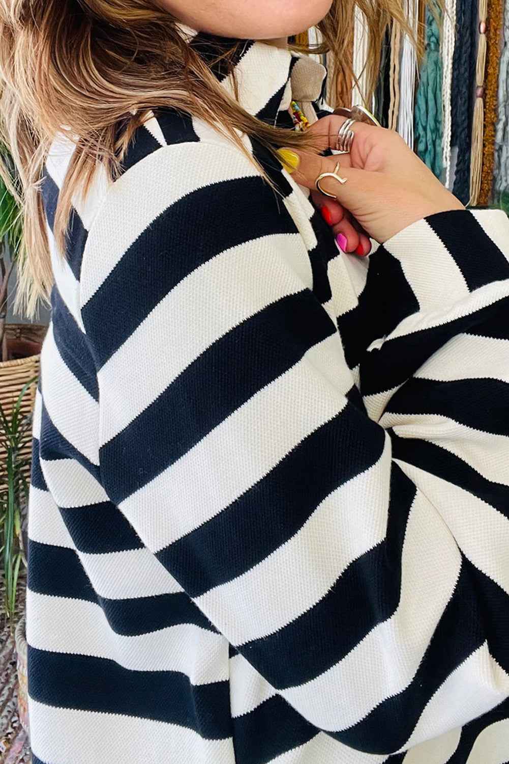 Black Stripe Polo Neck Shift Fit Sweatshirt Dress with Side Pockets