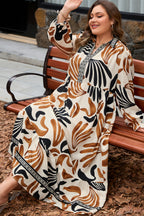 White Plus Size Abstract Print Contrast Collar Split Neck Shift Long Dress