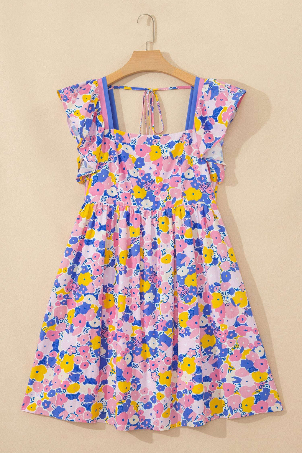 Multicolour Floral Print Flutter Sleeve Striped Trim Square Neck Loose Mini Dress