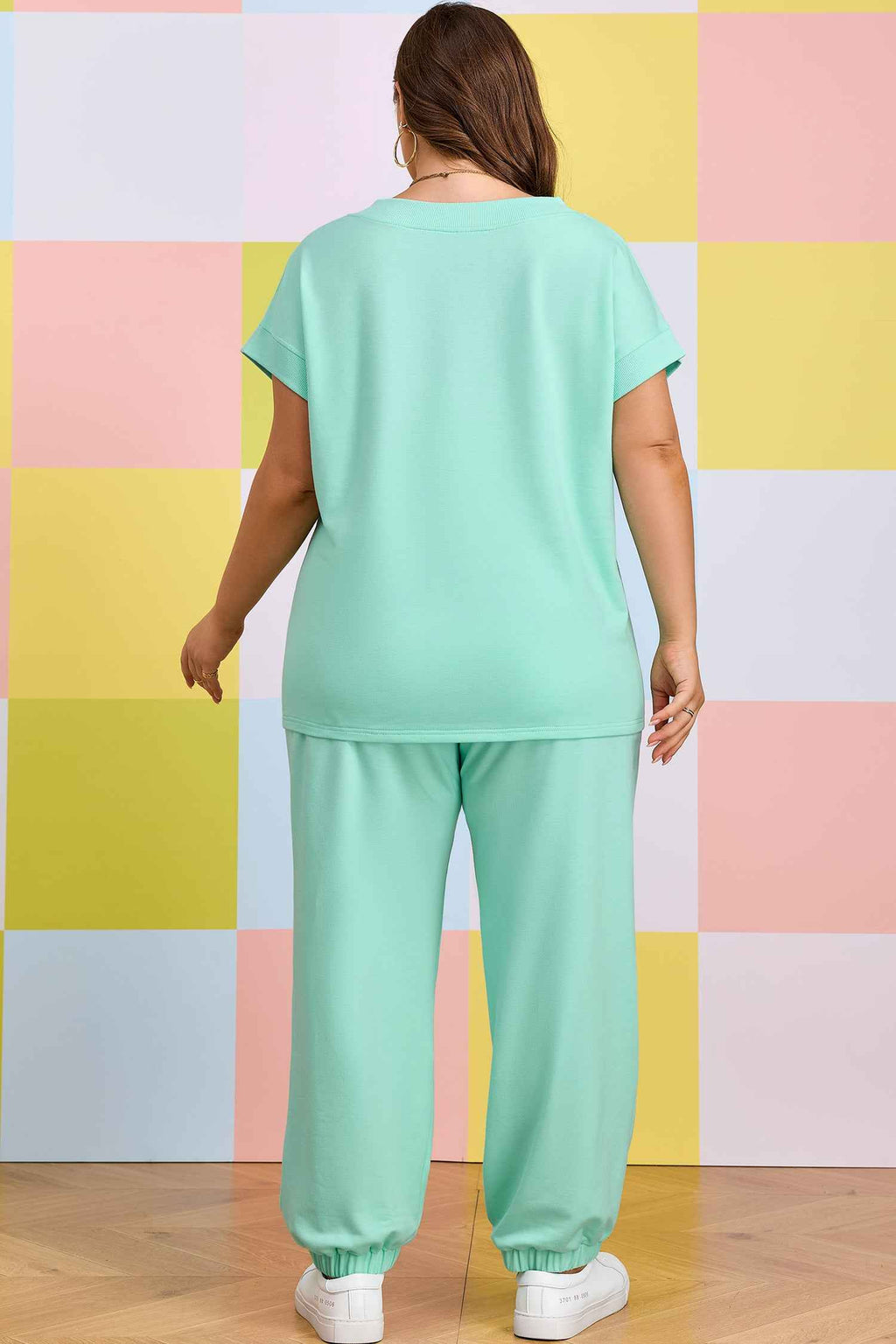 Mint Green Solid V-Neck Tee and Drawstring Plus Size Pants Set