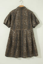 Gray Leopard Print Short Sleeve Pleated Denim Mini Dress