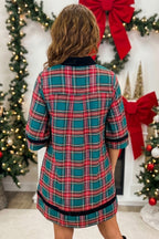 Green Plaid Velvet Trim Pockets Short Shift Dress