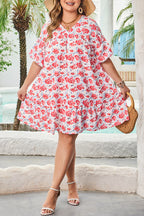 Red Floral Ruffled Half Sleeve V Neck Plus Size Dress