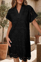 Green Solid Color Eyelet Embroidered T Shirt Mini Dress