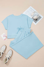 Mist Blue Solid Color Ribbed Trim Short Sleeve Top Drawstring Loose Pants 2pcs Outfit