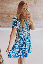 Blue Ricrac Trim Split Neck Floral Loose Dress