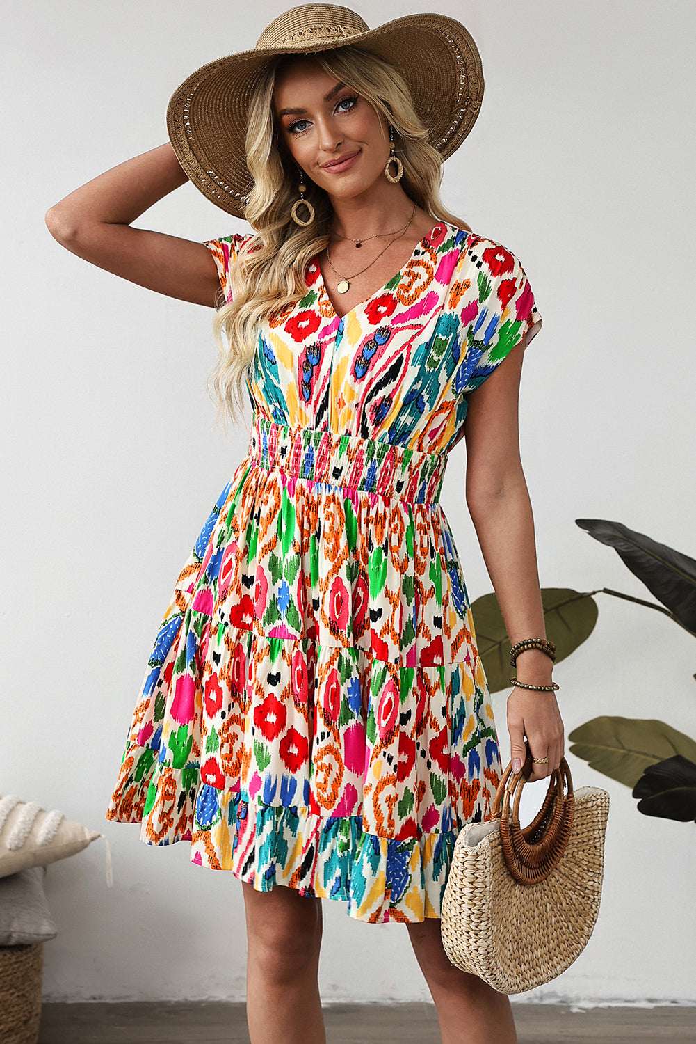 Sky Blue Abstract Print V Neck Dolman Sleeve Ruffle Tiered Mini Dress