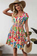 Sky Blue Abstract Print V Neck Dolman Sleeve Ruffle Tiered Mini Dress