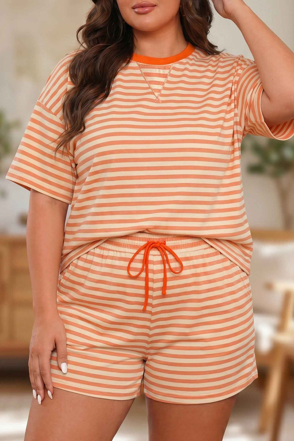 Pink Stripe Drop Shoulder T Shirt and Shorts Plus Size Summer Set