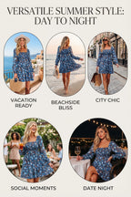 Blue Smocked Bodice High Waist Ruffled Sleeve Floral Dress