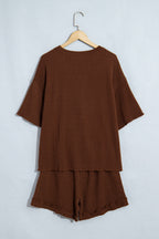 Dark Brown Textured Ribbed Knit Lettuce Trim 2pcs Lounge Set