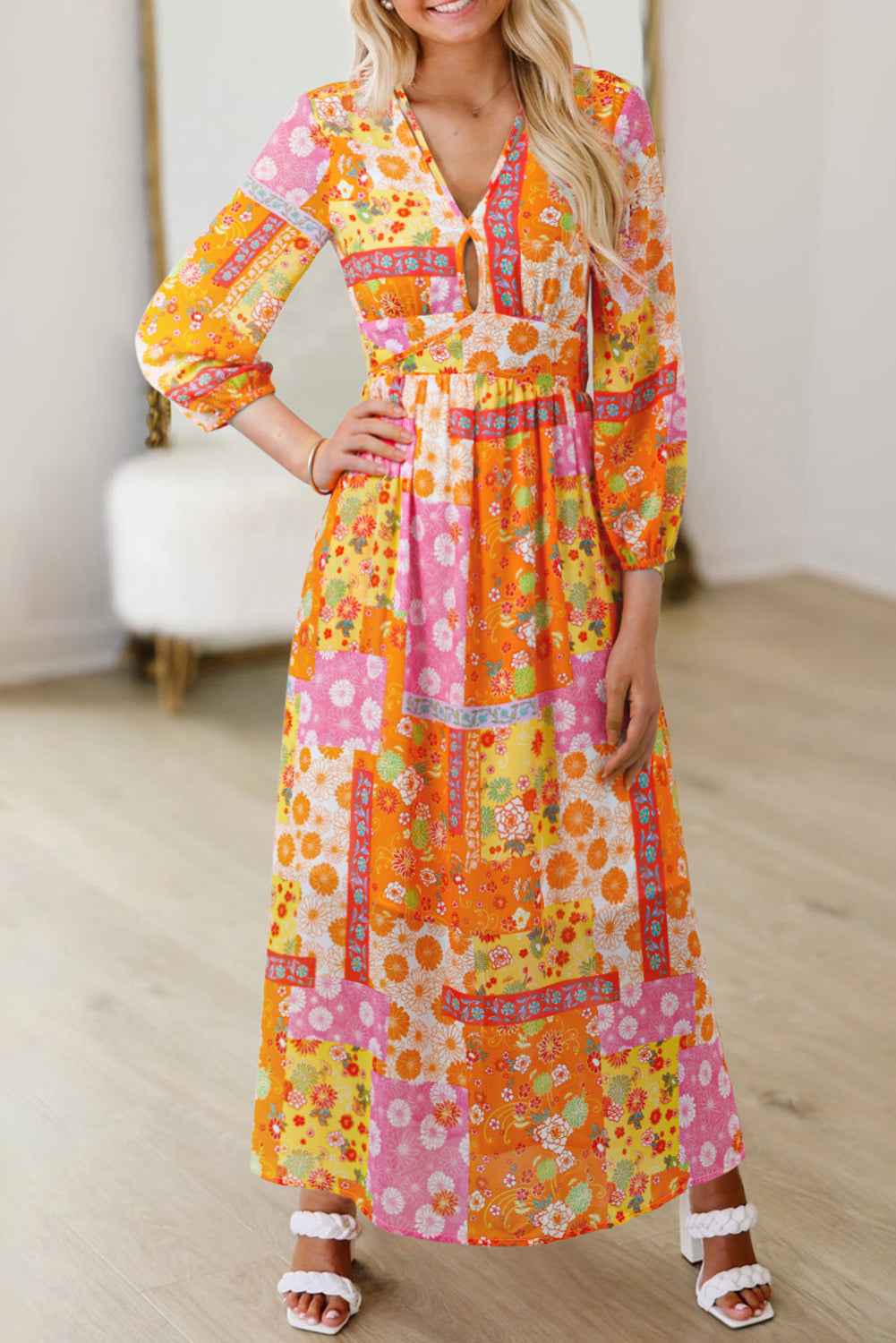 Orange Floral Patchwork Print Cut out Tied Back Bracelet Sleeve Maxi Dress