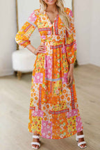 Orange Floral Patchwork Print Cut out Tied Back Bracelet Sleeve Maxi Dress
