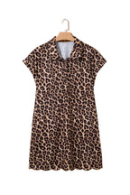Khaki Buttoned Collar Short Sleeve Shift Leopard Dress with Pockets