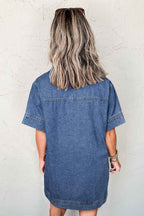 Blue Short Sleeve Collared Patched Pocket Denim Mini Dress