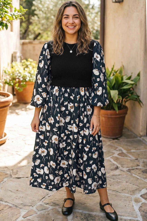 Black Floral Print Long Sleeve Round Neck Shift Plus Size Dress