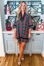 Green Plaid Velvet Trim Pockets Short Shift Dress