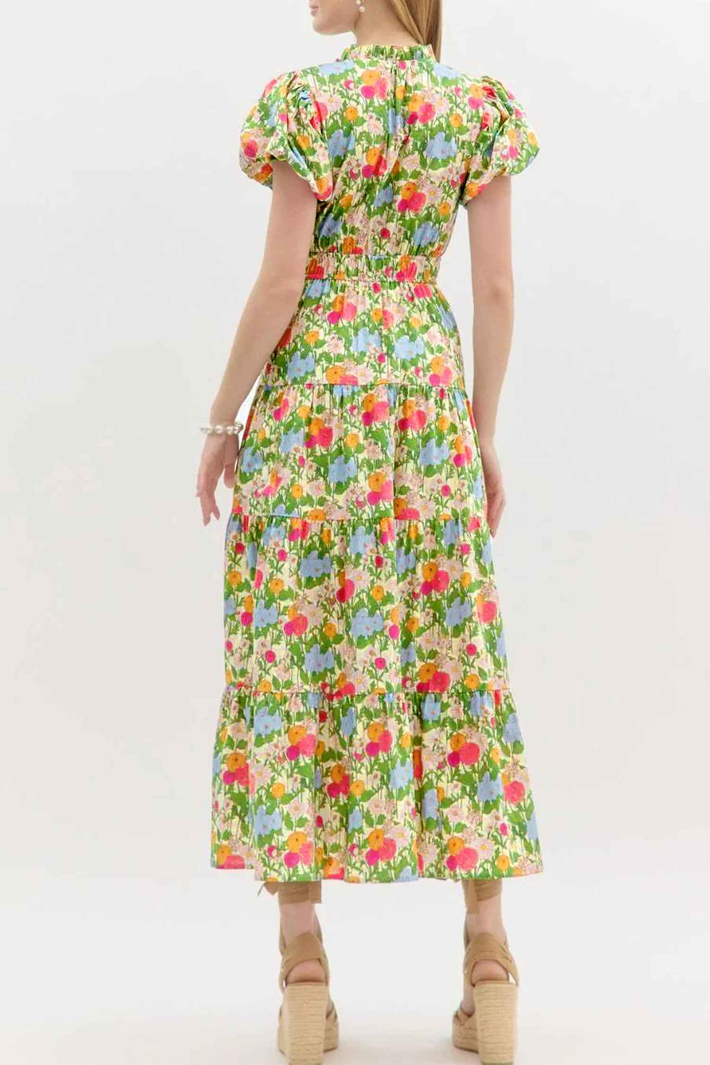 Green Floral Print V Neck Short Puff Sleeve Cotton Maxi Dress