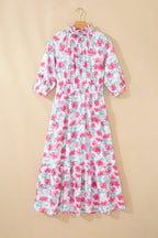 Red Elegant Floral Puff Sleeve Midi Dress