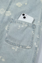 Sky Blue Retro Wash Denim Floral Print Overall Mini Dress