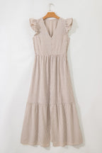 Khaki Stripe Flutter Sleeve Buttoned Front Slit Maxi Dress