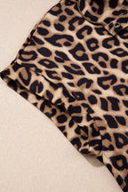 Khaki Buttoned Collar Short Sleeve Shift Leopard Dress with Pockets