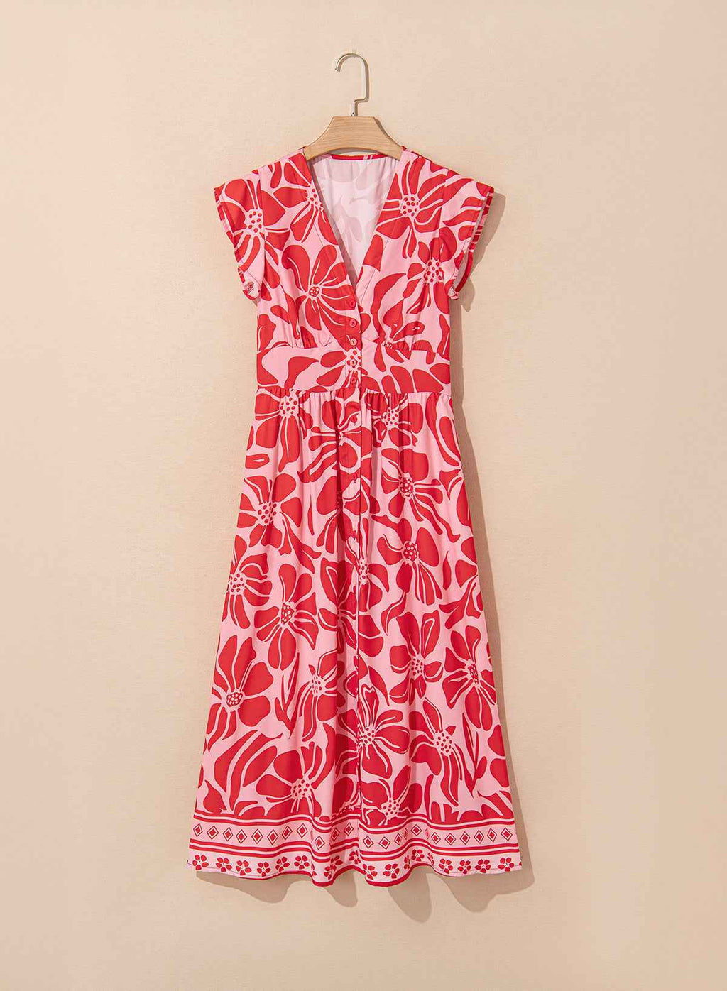 Red Boho Floral Short Sleeve V Neck Buttoned Shirred Waist Long Dress