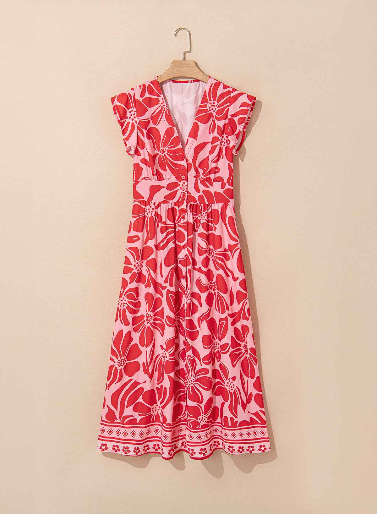 Red Boho Floral Short Sleeve V Neck Buttoned Shirred Waist Long Dress