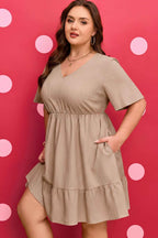 Dark Khaki Plus Size Textured Ruffled Short Sleeve Dress