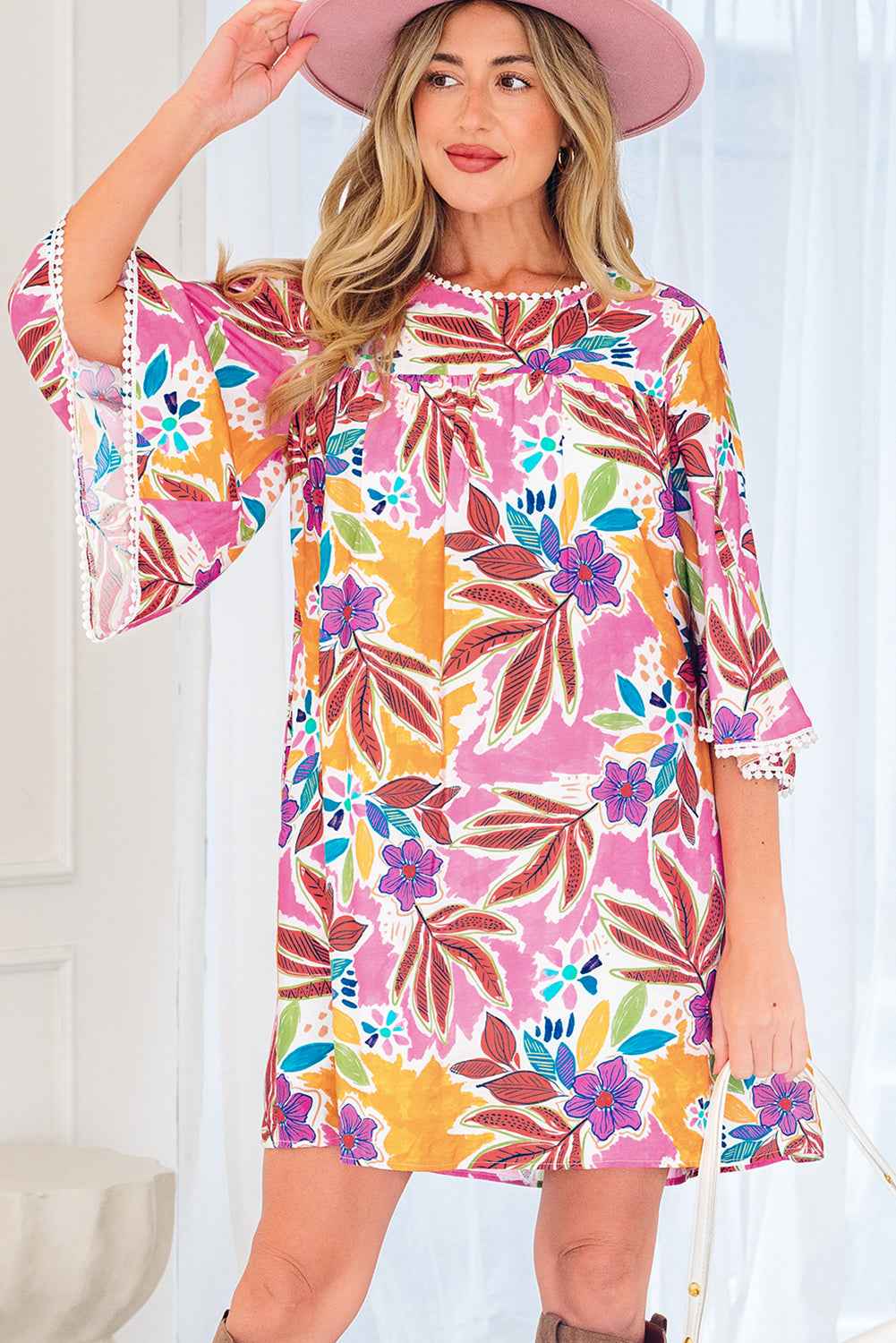 Pink Floral Print Lace Trimmed Tie Back Bell Sleeve Swing Mini Dress