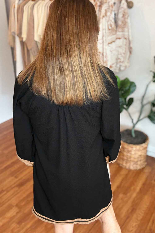 Black Plus Size Color Block Striped Trim V Neck Long Sleeve Shift Mini Dress