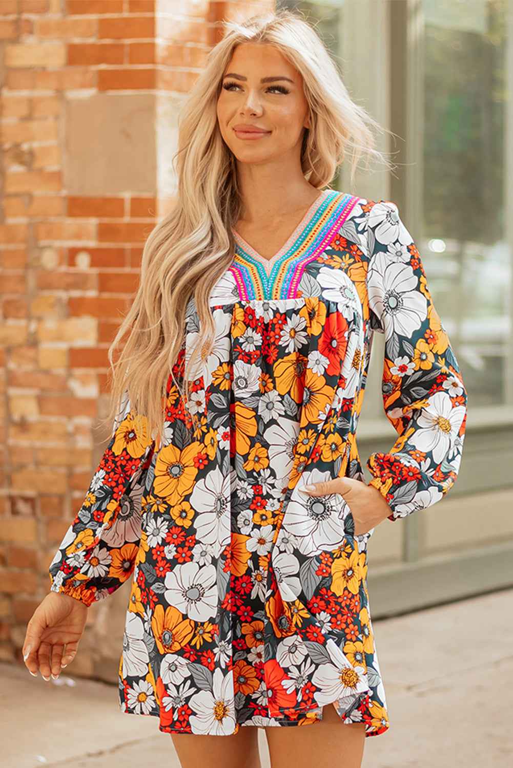 Orange Floral Print Striped Lace V Neck Long Sleeve Mini Dress