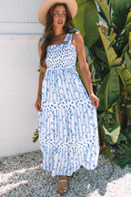 Sky Blue Floral Smocked Tied Straps A-Lined Tiered Maxi Dress
