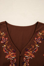 Burgundy Floral Embroidered Tassel Tie Waist Long Sleeve Mini Dress