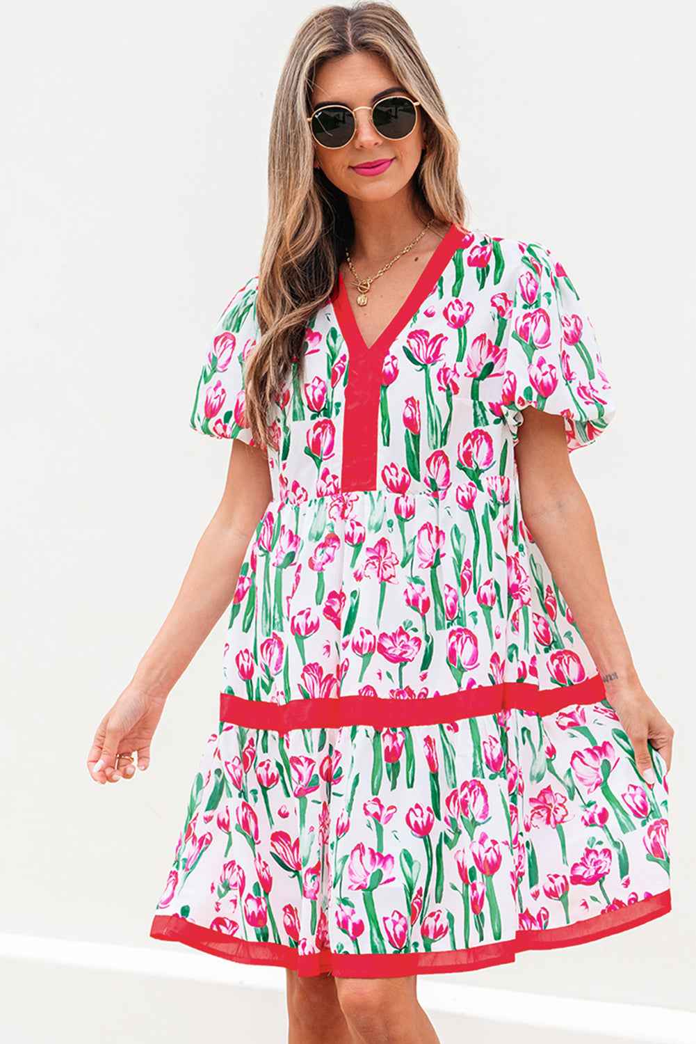 Pink Floral Print Contrast Trim V Neck Bubble Short Sleeve Babydoll Dress